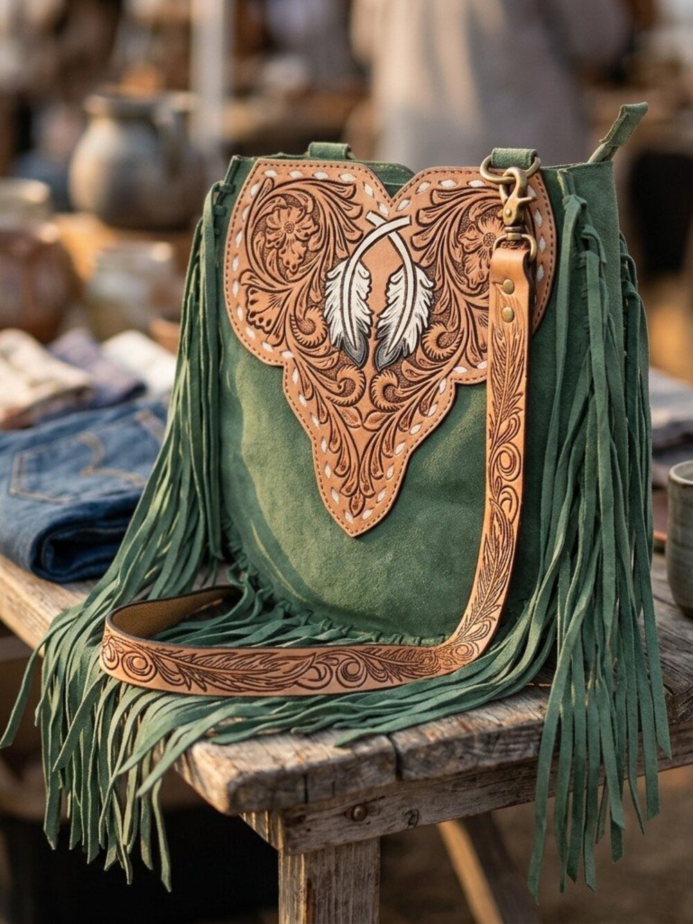 Sagebrush Boho Fringe Feather Crossbody Bag - Picture 6 of 7